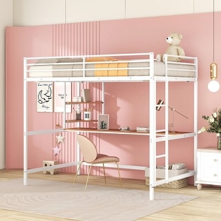 Full Metal Loft Bed with Desk and Two Shelves, White