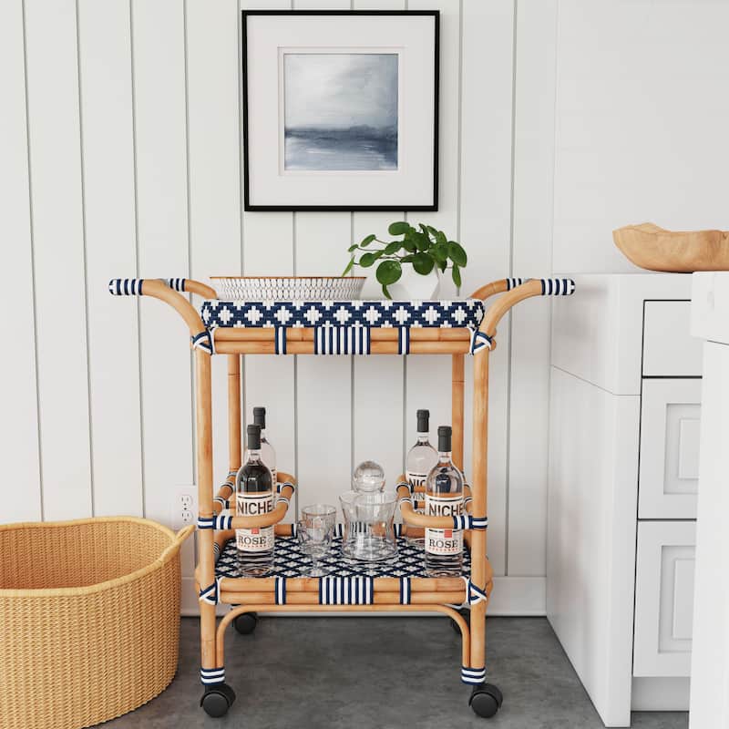 Butler Selena Blue & White Rattan Bar Cart