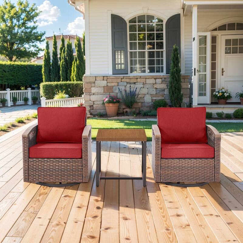 Pocassy Outdoor Brown Wicker Funitre with Cushion Set - Red Cushion - 2 Swivel Chairs with 2 Ottoman Set