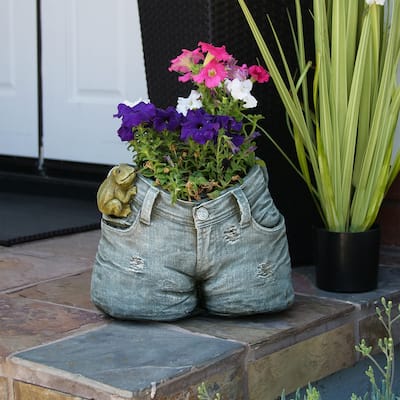 Alpine Corporation 10" Tall Indoor/Outdoor Denim Shorts with Frog Shaped Planter and Yard Decoration - 14"L x 11"W x 10"H