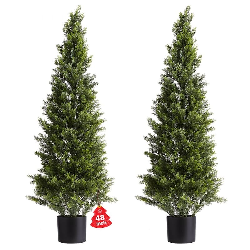 Set of 2 Artificial Topiary Cedar Trees Faux Greenery with Iron & PE Trunks, Weather-Resistant Decorative Plants - 48"
