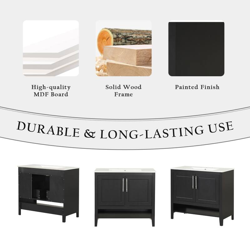 36" Bathroom Black Vanity with Sink with Doors and Drawers, MDF Frame & Board