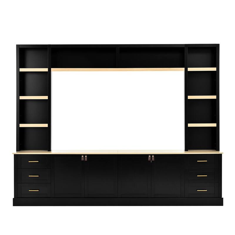 102.3"W Farmhouse 4-Piece Entertainment Center Wall Unit with Adjustable Shelf, TV Stand with Bookshelves for TVs Up to 75"