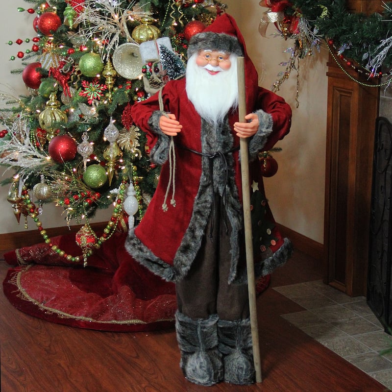 48" Red Brown Santa Claus with Walking Stick Christmas Figure