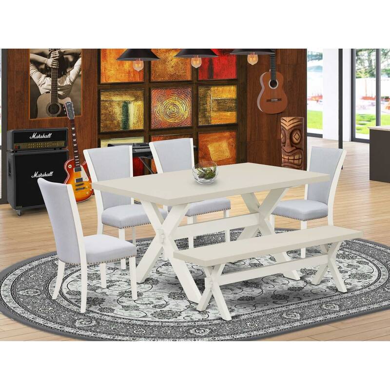 HomeStock 6-Piece Rectangle Natural Oak Finish Solid Wood Top Dining Table with 1-Bench, 4-Chairs