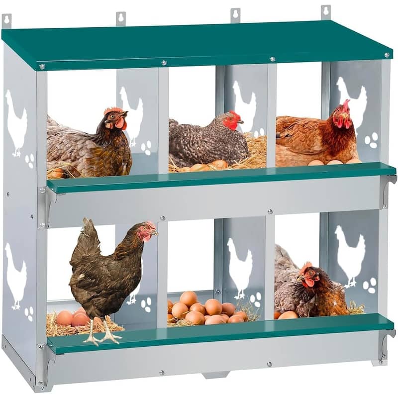 Metal Chicken Nesting Boxes for Hens with 4 Fake Eggs, 10 Soft Nest Pads - Green - Green 6 Compartments