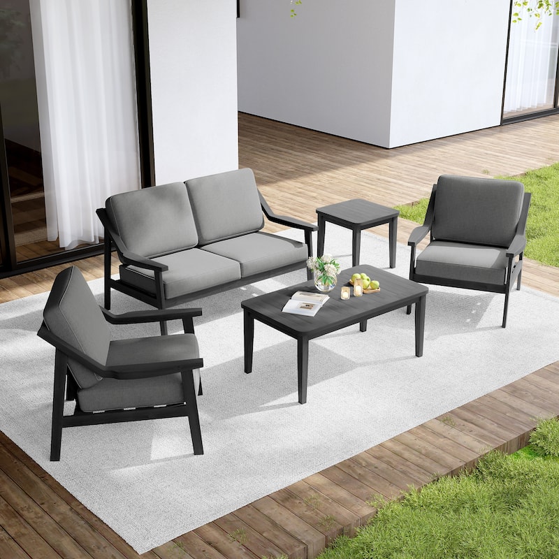 Outdoor Conversation Set Patio Cushioned Chair, Loveseat with Tables - Dark Wood - Grey