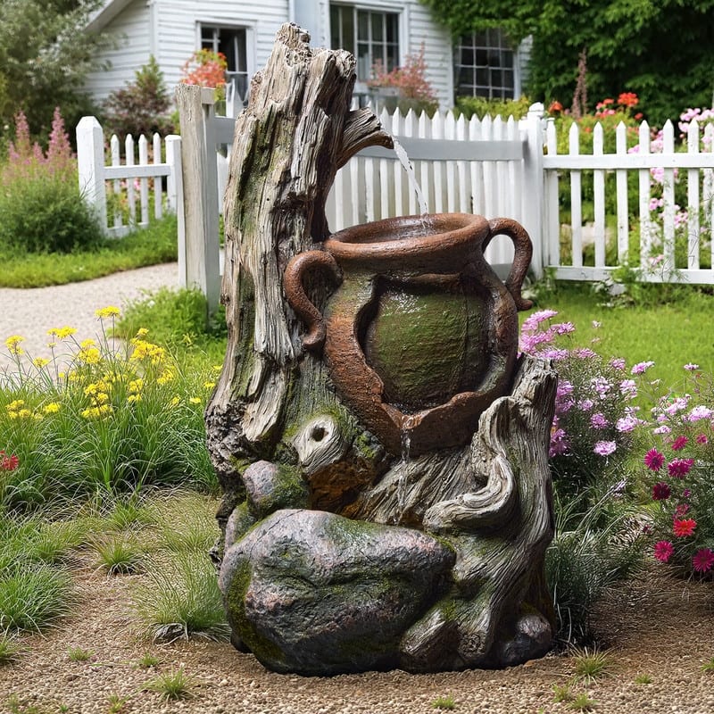 Vbal Outdoor Fountain with LED Lights Faux Wood Tree Trunk Design