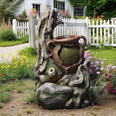 Vbal Outdoor Fountain with LED Lights Faux Wood Tree Trunk Design
