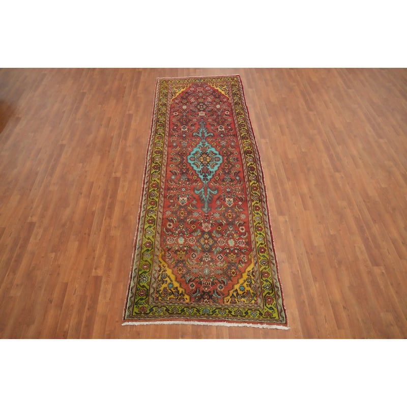 Hand Knotted Oriental 100% Wool Carpet Traditional Floral Oranges & Rust Hamedan Runner Rug - 10' 4'' X 3' 10''