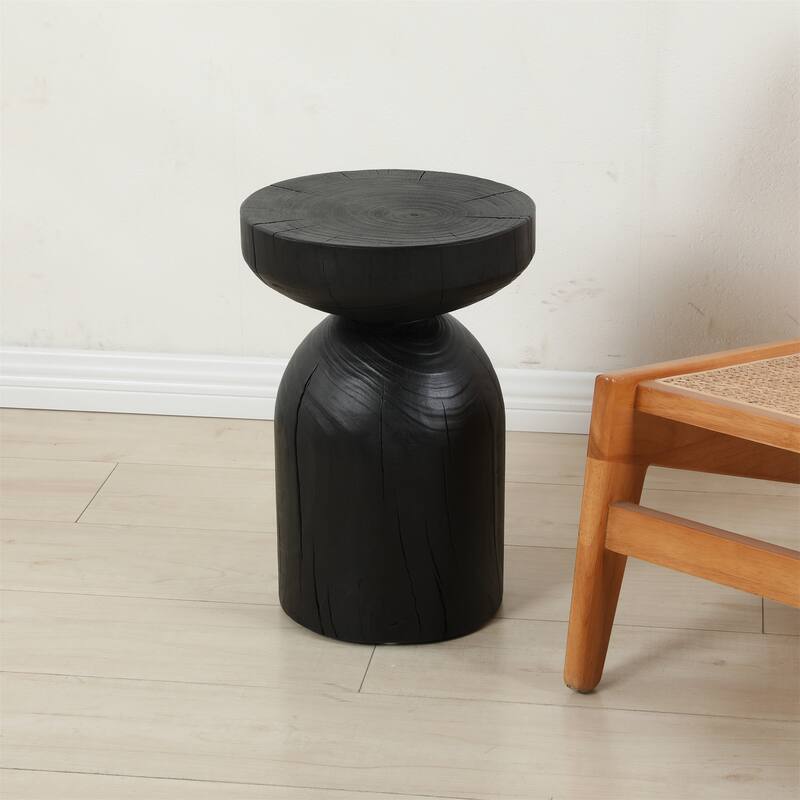 Solid Mango Wood Side End Table in Black, 17.7 inch Round Contemporary Wooden Accent Table, Small Round Plant Stand