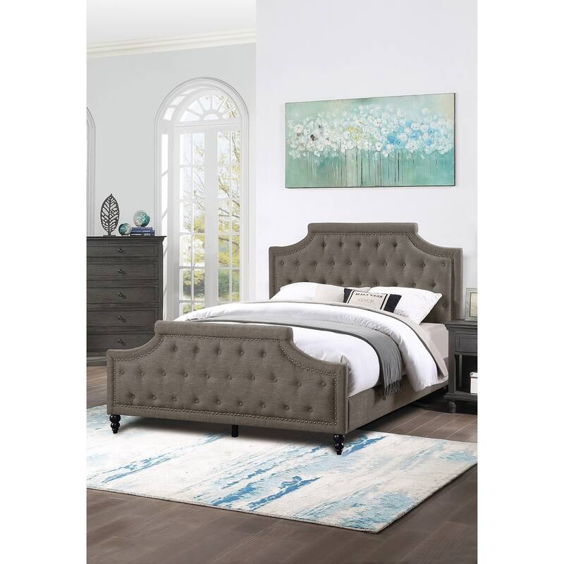 Modern Style Brown Polyfiber American Traditional 1pcs Queen Size Bed Only Button Tufted Headboard Footboard Bedroom Furniture