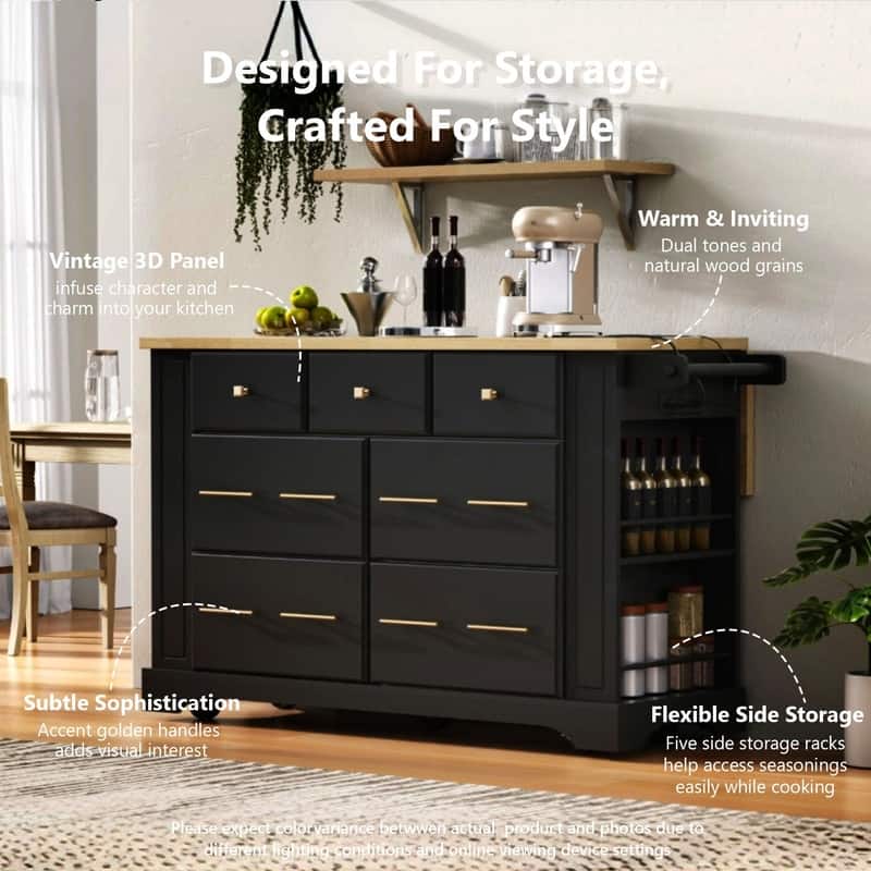 Kitchen Island with 6 Drawers, Pull Out Trash Can Storage, Rolling Kitchen Island with Drop Leaf