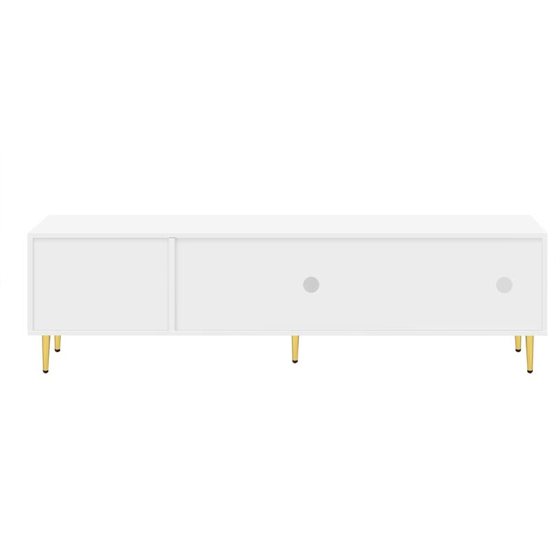 Modern TV Stand with Arched Shelves, Sliding Acrylic Door, Golden Metal Handles, and Ample Storage, Fits TVs up to 70 Inches.