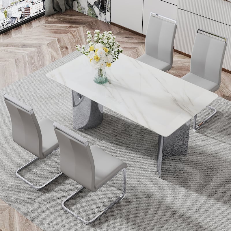 Modern Marble Glass Dining Set with Stainless Steel Legs & PU Chairs