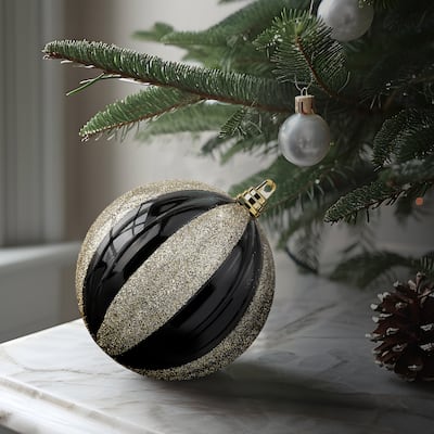 100mm Shatterproof Plastic Shiny Glitter Stripe Ball Ornament Box of 4