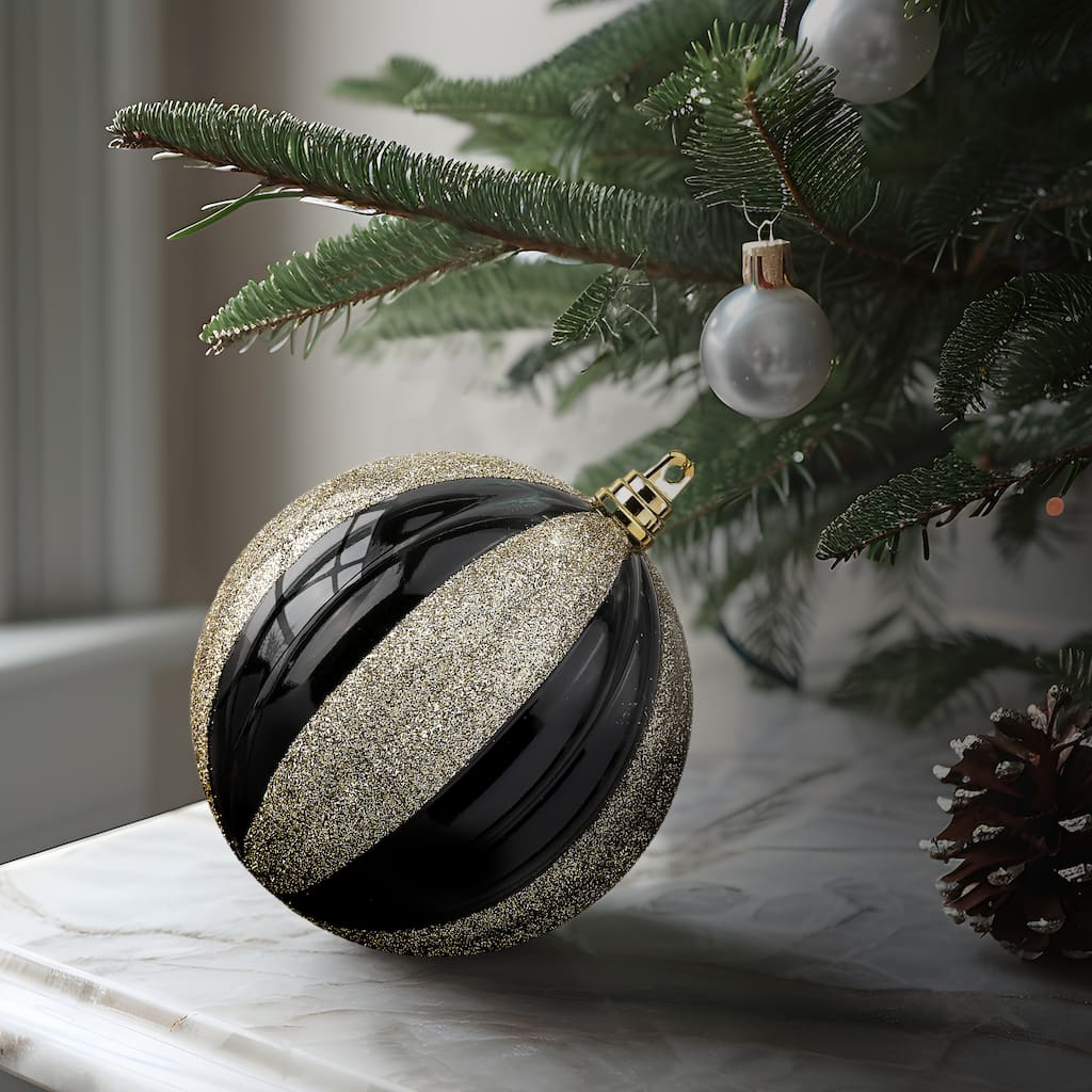 100mm Shatterproof Plastic Shiny Glitter Stripe Ball Ornament Box of 4