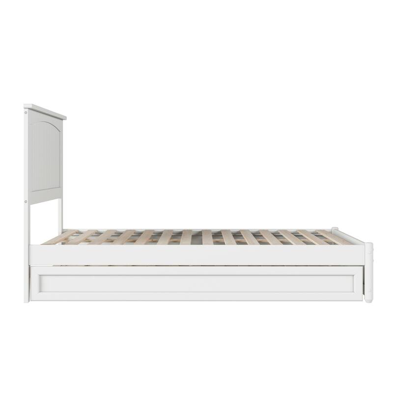 Victorian Full Platform Bed with Trundle & USB - Solid Wood, White, Panel Footboard - HomeStock