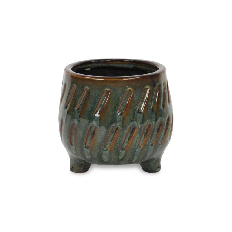Astrona Raised Round Dual Band Diagonal Patterned Ceramic Pot - Dark Copper - Small