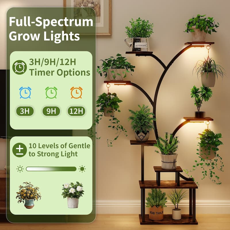 VECELO Indoor Plant Stand with Grow Lights 4 Styles 6/7/9 Shelves Adjustable Timer & Brightness Decorative Rack for Living Room