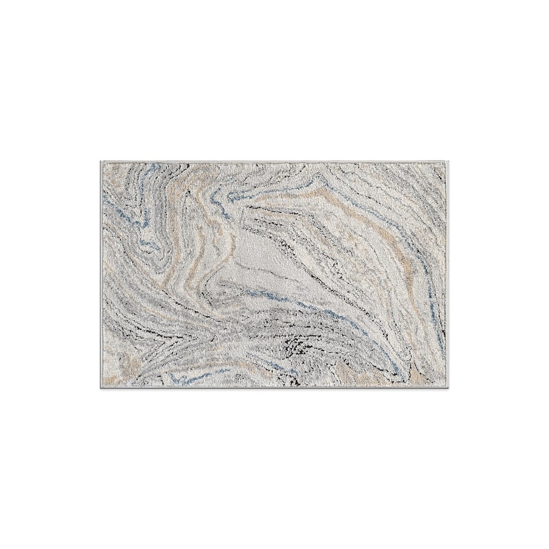 Marble Swirl Distressed Area Rug - Low-Pile Rug for Living Room, Bedroom - Polypropylene/Polyester with Jute Backing