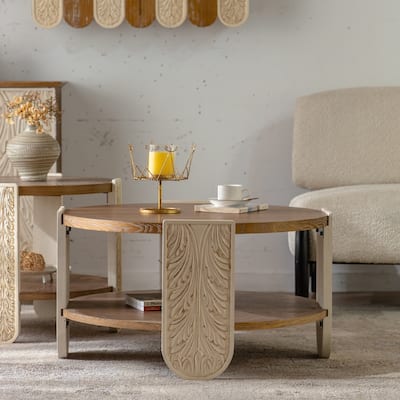 Carved Wooden Coffee Table, Retro End Table With Double-Layer Storage, Small Side Table, Palace Style Bedside Table