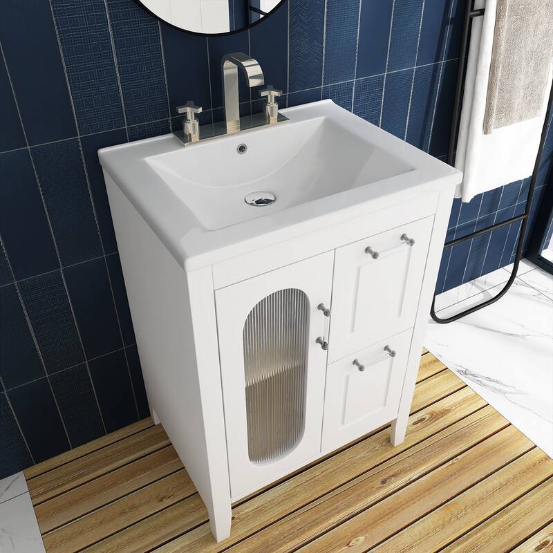 24 in. W x 33 in. H Solid Wood and MDF Bathroom Vanity with Ceramic Sink, Door and Drawers