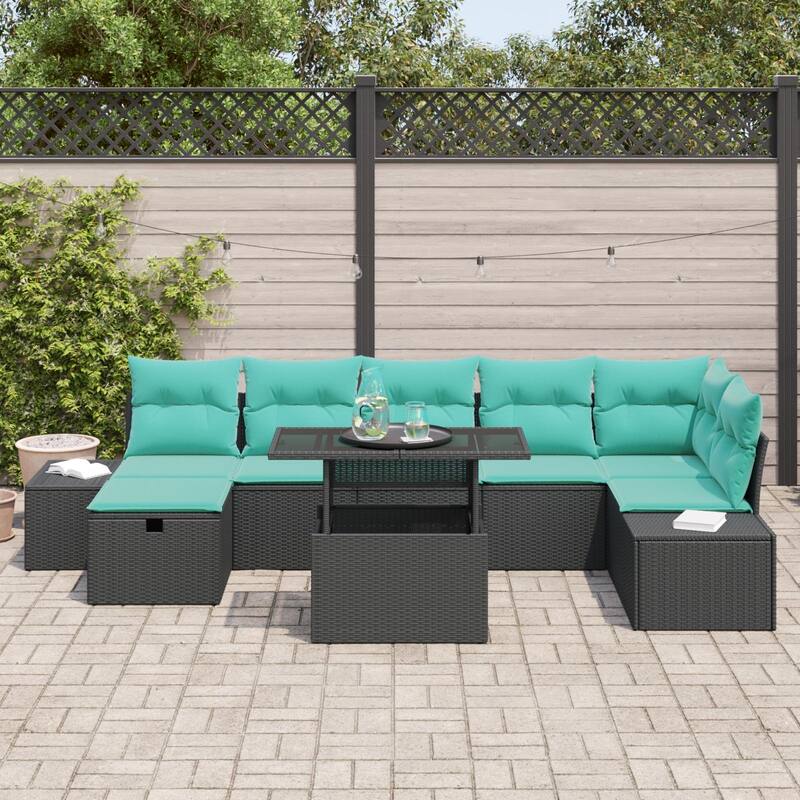 vidaXL 8 Piece Garden Sofa Set with Cushions Black Poly Rattan - 125.6 x 60.6 x 27.2