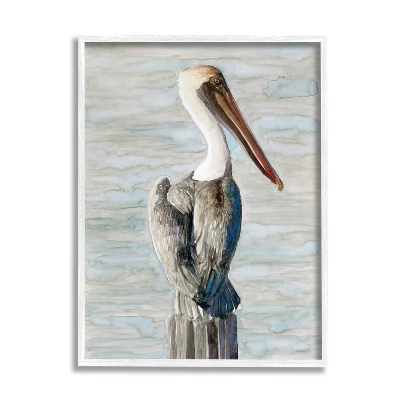 Stupell Long Beak Pelican Watercolor Painting Coastal Waterfowl Bird Framed Wall Art - Blue - 16 x 20 - White
