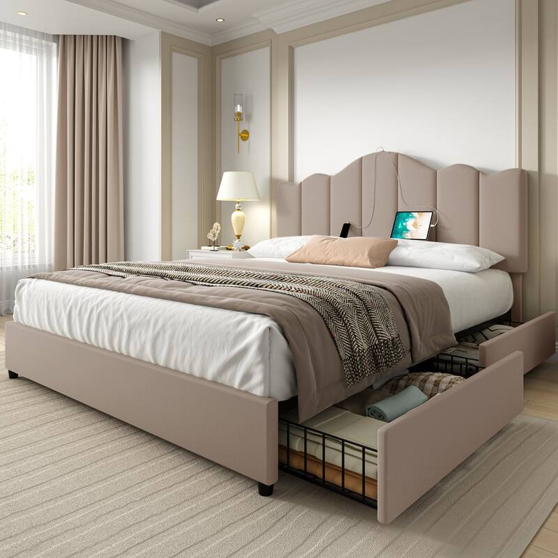 VECELO Upholstered Storage Bed Frames with Charging Stations and 4 Rolling Drawers on Both Sides Vertical Stripe Design