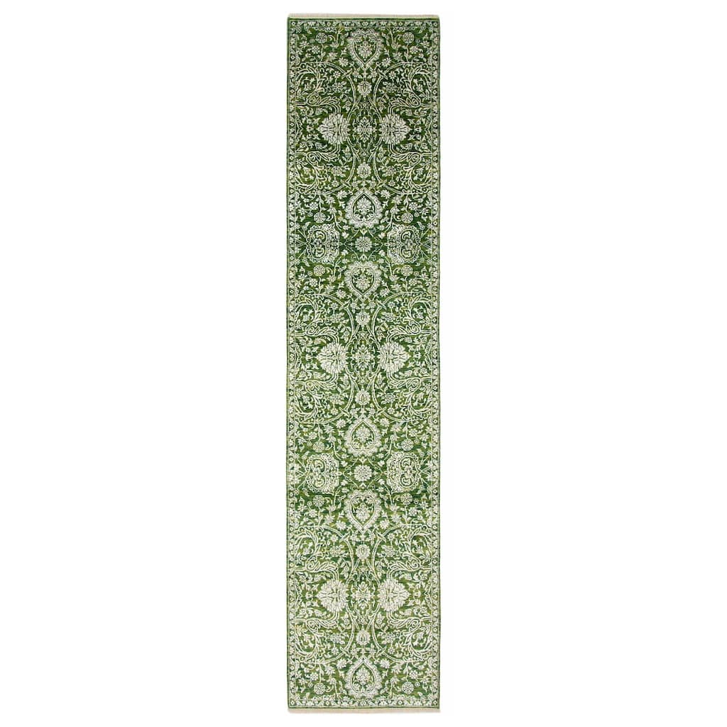 ECARPETGALLERY Hand-knotted Heritage Green Silk, Wool Rug - 2' 6" x 12' 1"