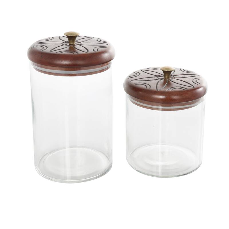 Glass Floral Carved Decorative Jars with Brown Wooden Lids and Gold Knobs - Set of 2 Clear - Roche River Decor - 5"W x 5"L x 9"H