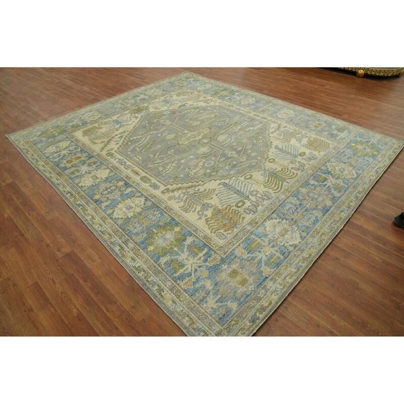 Handmade Gray Oushak Vegetable Dye Area Rug, Medallion Geometric Carpet - 9' 8'' X 8' 3''