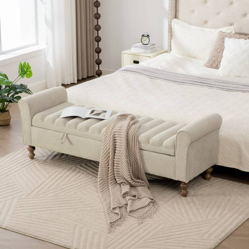 Griege End of Bed Bench Storage Bench with Rubberwood Legs, Rustic Indoor Bench Ottoman Bench with Armrests