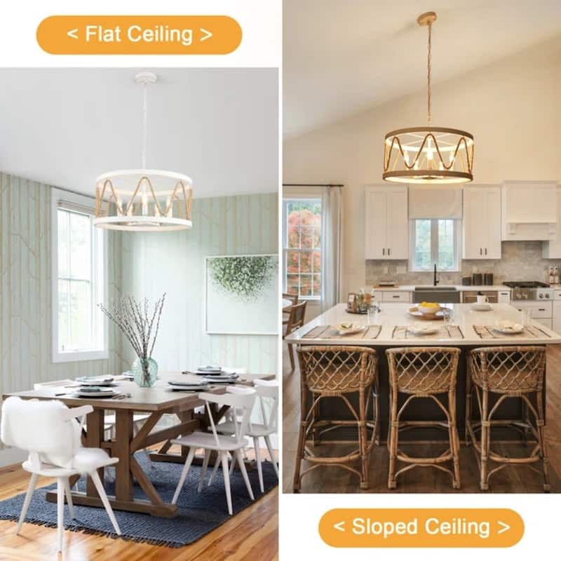 Modern 5-Light Hand-Woven Hemp Rope Drum Chandelier for Dining Room, Classic Semi Flush Mount Chandelier - W19.68"x H9.44"