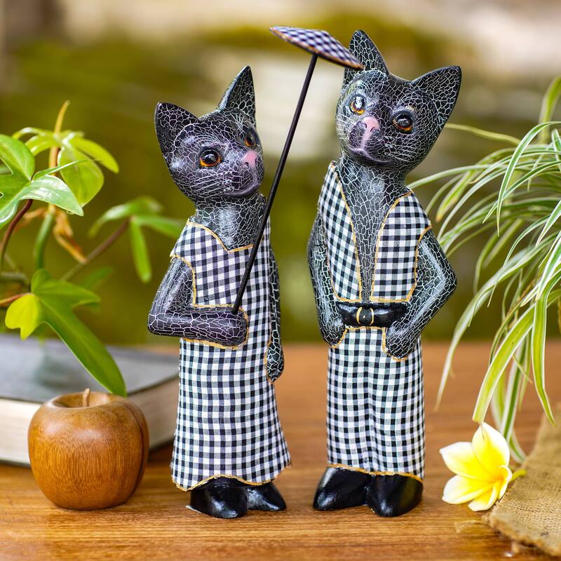 Novica Handmade Bali Cat Couple In Dark Grey Wood Sculptures (Pair)