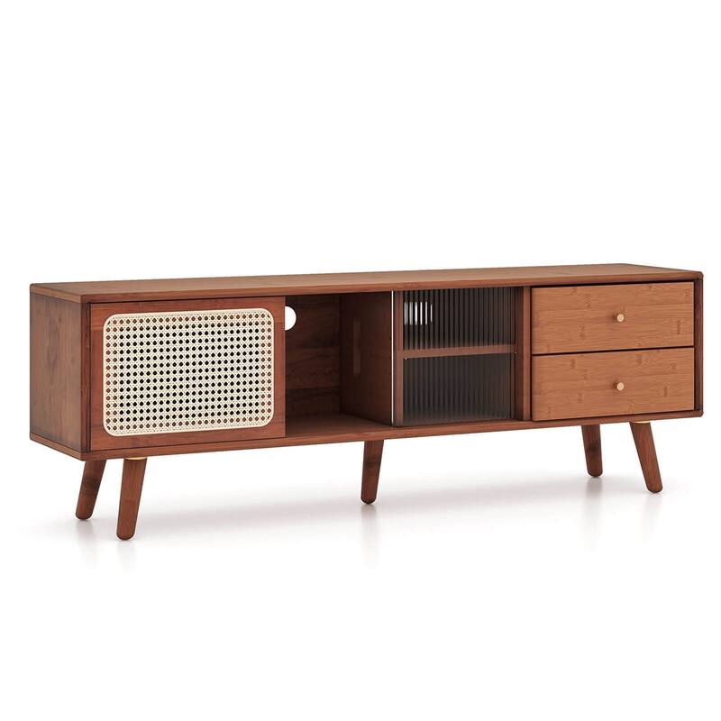 Bamboo TV Stand Console Table with PE Rattan Door & 2 Drawers - Brown