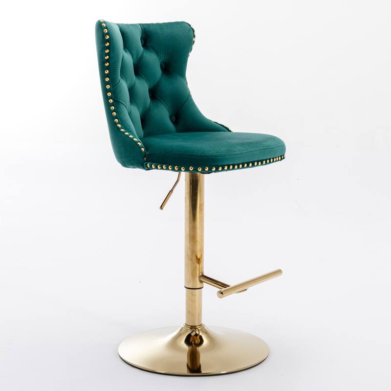Furniture Set of 2 Swivel Velvet Bar Stools, Golden Base & Tufted Back, Adjustable Height 25-33" - Green