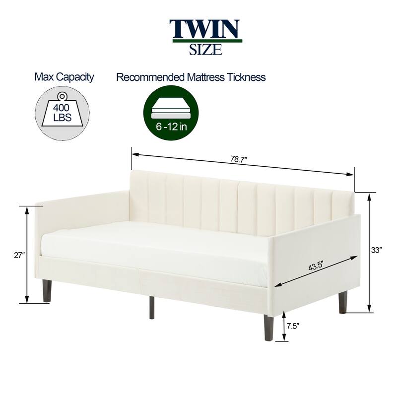 Twin Size Beige Velvet Upholstered Daybed with Tufted Backrest & Foam Comfort