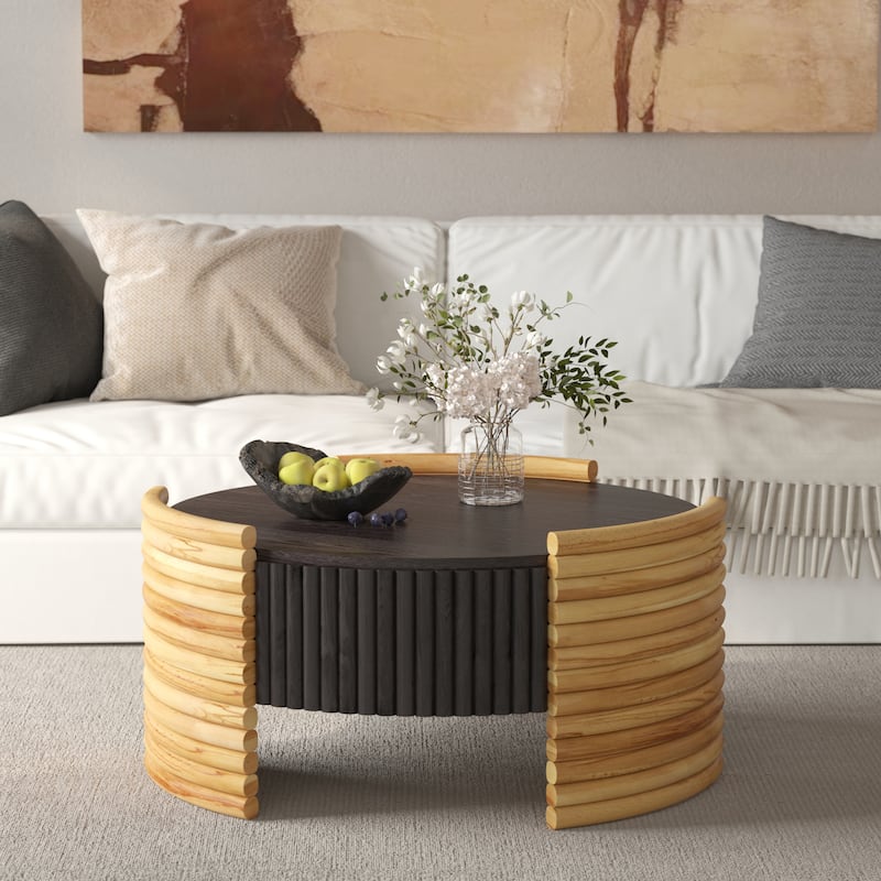 31.5" Modern Round Coffee Table Colorblocked Striped Wood Accent Table with Flip-Top, Center Table with Hidden Storage