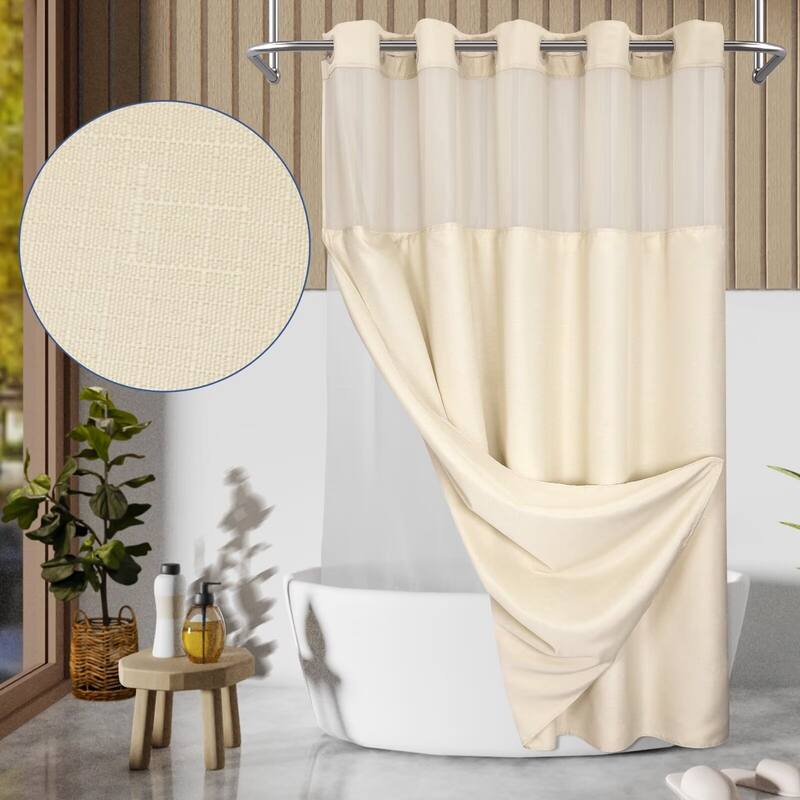 No Hook Slub Linen Texture Shower Curtain with PEVA Snap-in Liner