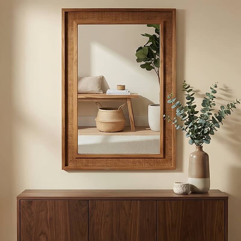 24"x36" Rattan Rectangle Solid Wood Frame Decorative Mirror,For Farmhouse,Bathroom,Home Decor,Entryway