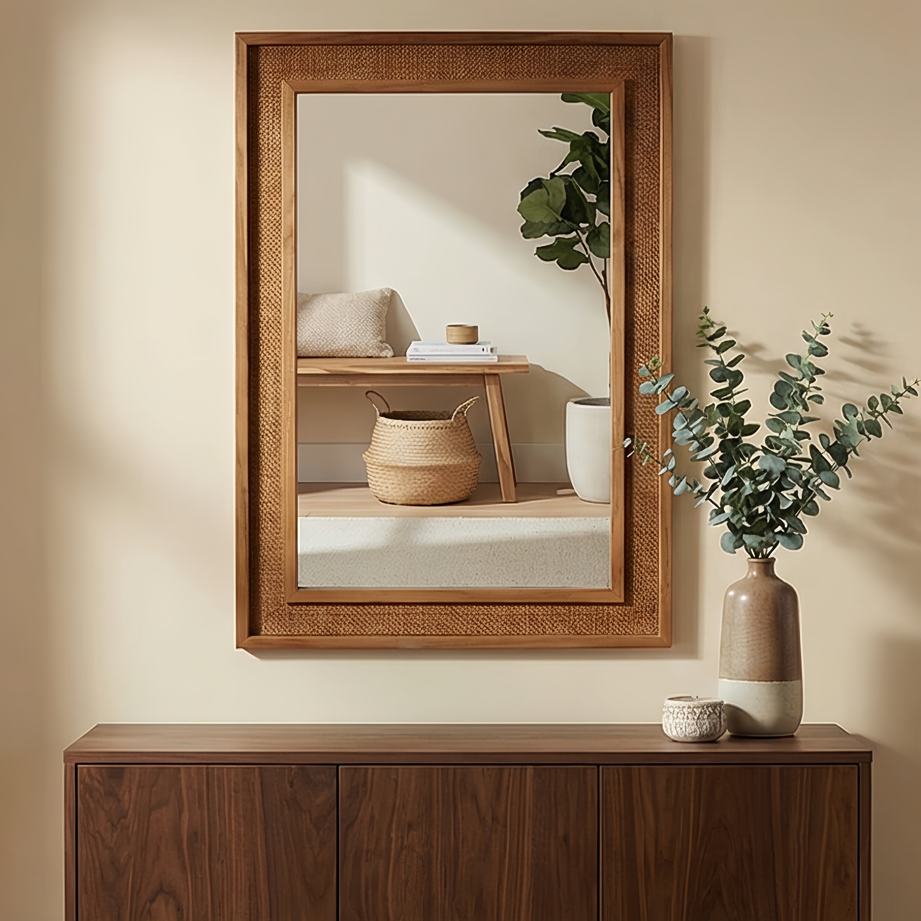 Coastal Boho Rattan Rectangle Wood Frame Wall Mirror