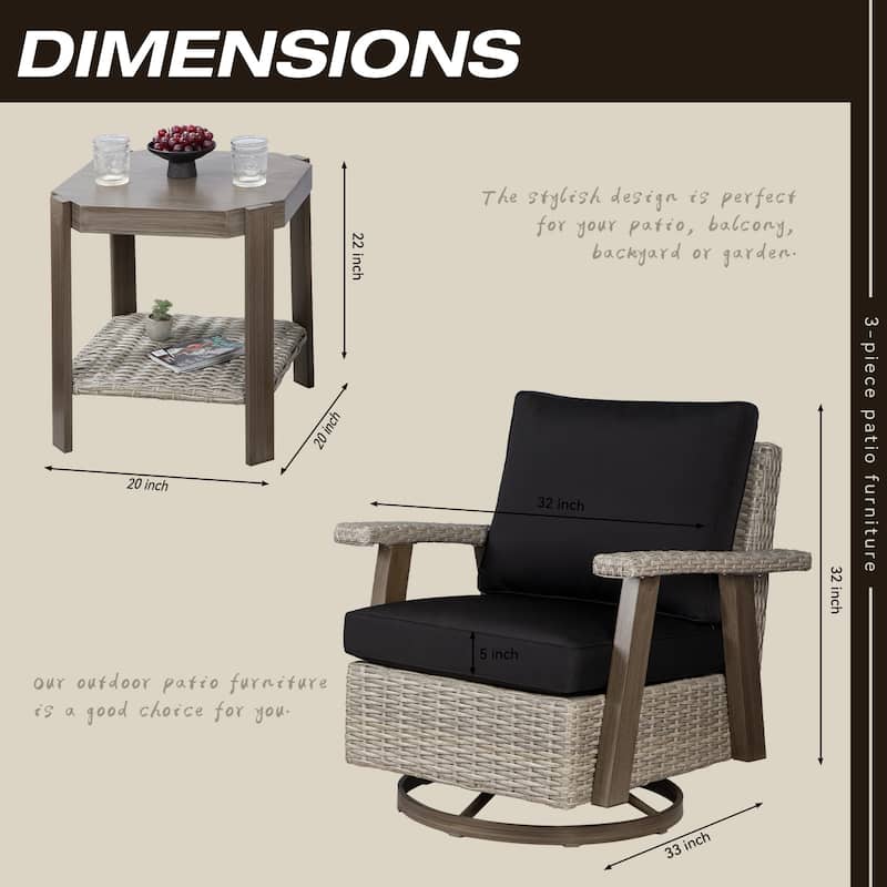 Cozywor 3-Piece Wicker Patio Swivel Rocking Chair Conversation Set