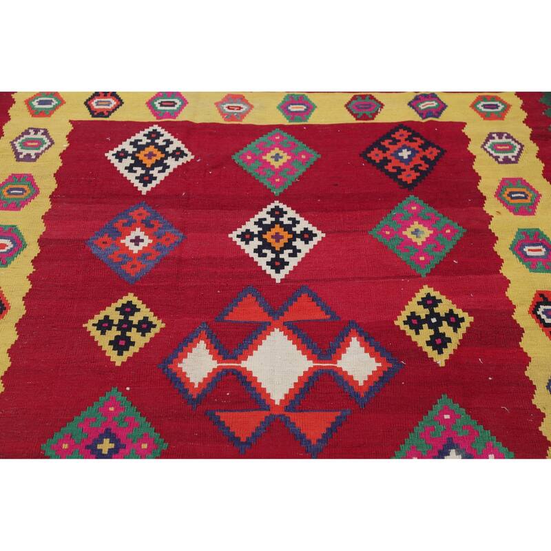 Hand Woven Oriental 100% Wool Carpet Southwestern Geometric Red Kilim Runner Rug - 8' 7'' X 4' 5''