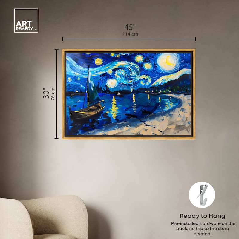 Art Remedy Whimsical Night Sail Framed Impressionism 1 Piece Canvas Wall Art /Monet And Van Gogh Inspired Art