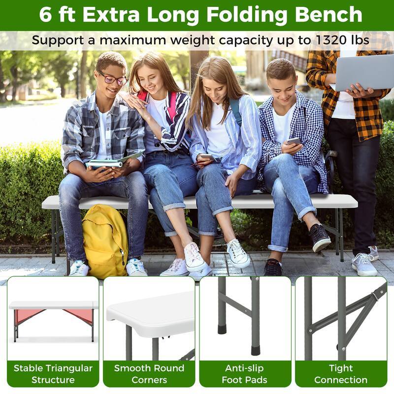 Gymax 2PCS 6 ft Plastic Folding Bench w/ 1320 LBS Capacity Handle &