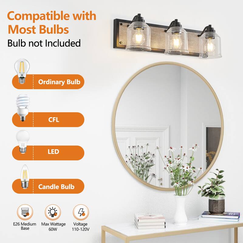 23" Farmhouse Vanity Light Fixture, 3-Light Bathroom Wall Sconce with Clear Seeded Glass Shades, Black and Wood Grain Finish