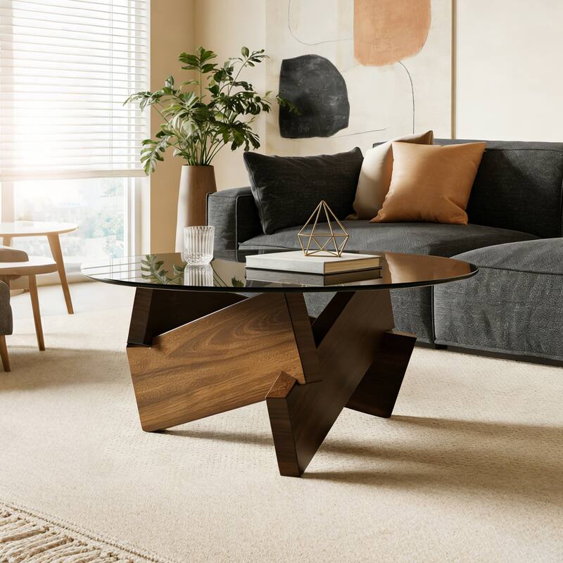 27.5" Mid-Century Modern Round Coffee Table with Tempered Glass Top & Walnut Wood