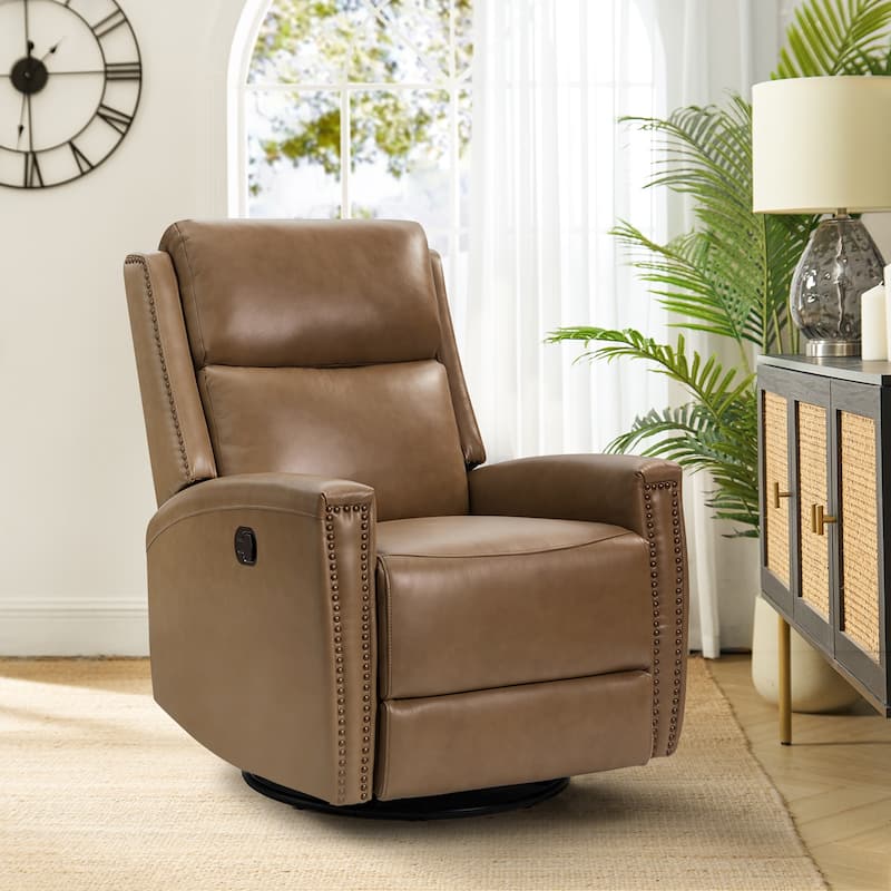 Fiacro 30.31"Wide Modern Genuine Leather Wingback Swivel Rocker Recliner with Nailhead Trims